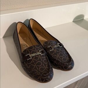 Calvin Klein Brown Monogram Logo Loafers with Silver Buckle